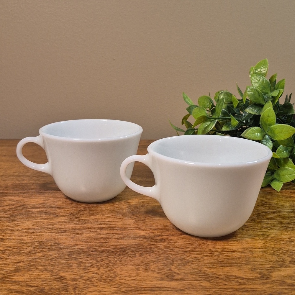 PYREX Vintage Mid Century Modern White Milk Glass Wide Rim Coffee Cups, Set of 2